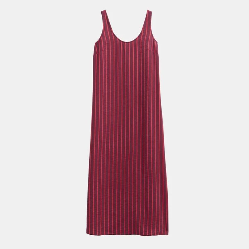 A cutout of a burgundy striped vest dress