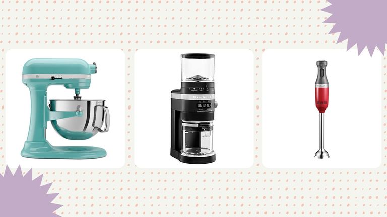 a collage image of three products that have KitchenAid deals, including a coffee grinder, hand mixer, and a stand mixer