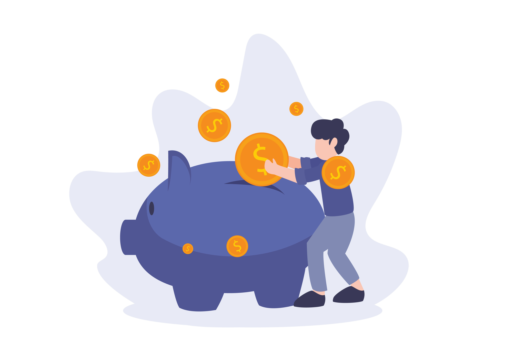 Money saving illustration. A man puts dollar coins into piggy bank.