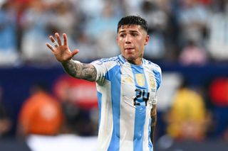 Enzo Fernandez #24 of Argentina signals downfield during the Copa America 2024 semifinal match between Argentina and Canada at MetLife Stadium on July 9, 2024 in East Rutherford, New Jersey. (Photo by Stephen Nadler/ISI Photos/Getty Images)