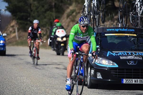 Sprint leader Mirco Lorenzetto (Lampre) was hanging out the back for a while.