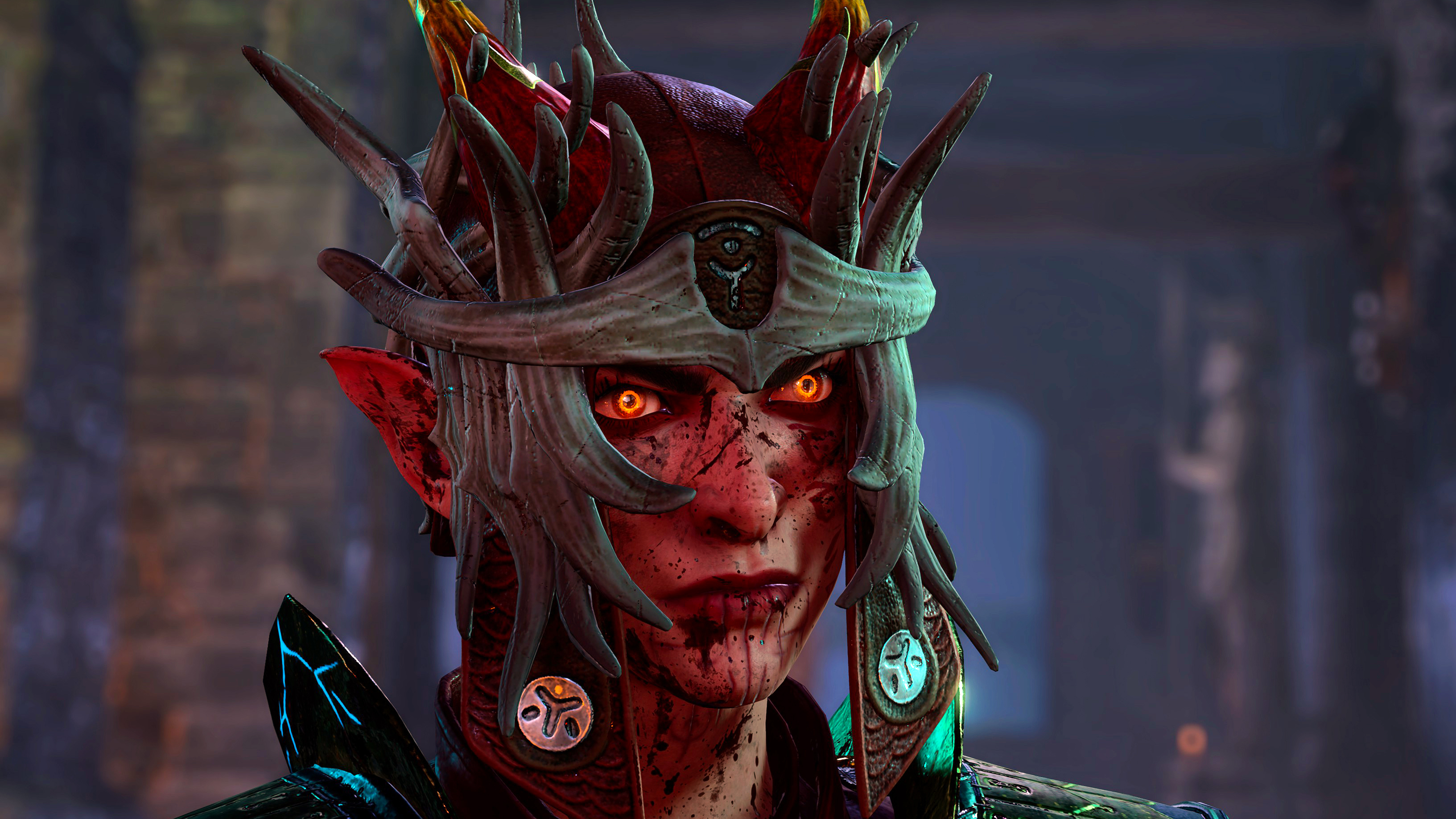 Baldur's Gate 3 screenshots showing female Dark Urge wielding twin flame blades