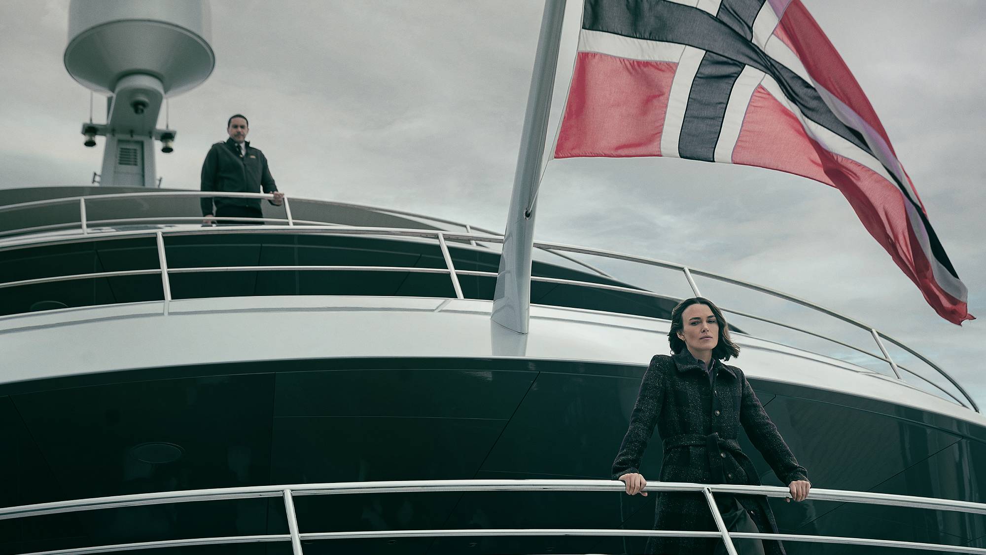 Keira Knightley as Lo and John Macmillan as Captain Addis in "The Woman in Cabin 10" on Netflix