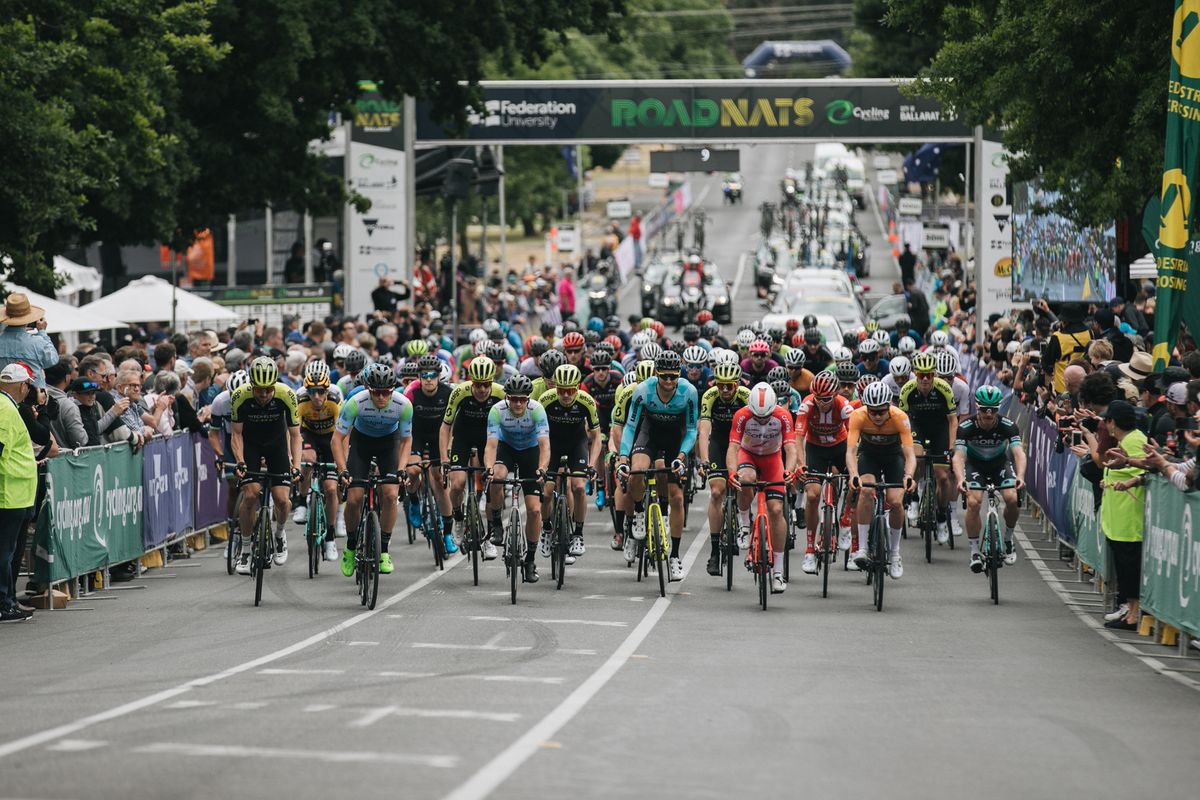 The start of the elite men&rsquo;s road race at the 2020 Australian Road Championships in Buninyong