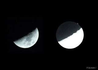 These side-by-side views show what an Aldebaran occultation by the moon is like. This image was taken by amateur astronomer Gowrishankar L., shows the moon occulting Aldebaran on March 4, 2017. The image at right has its brightness enhanced to make the star visible.