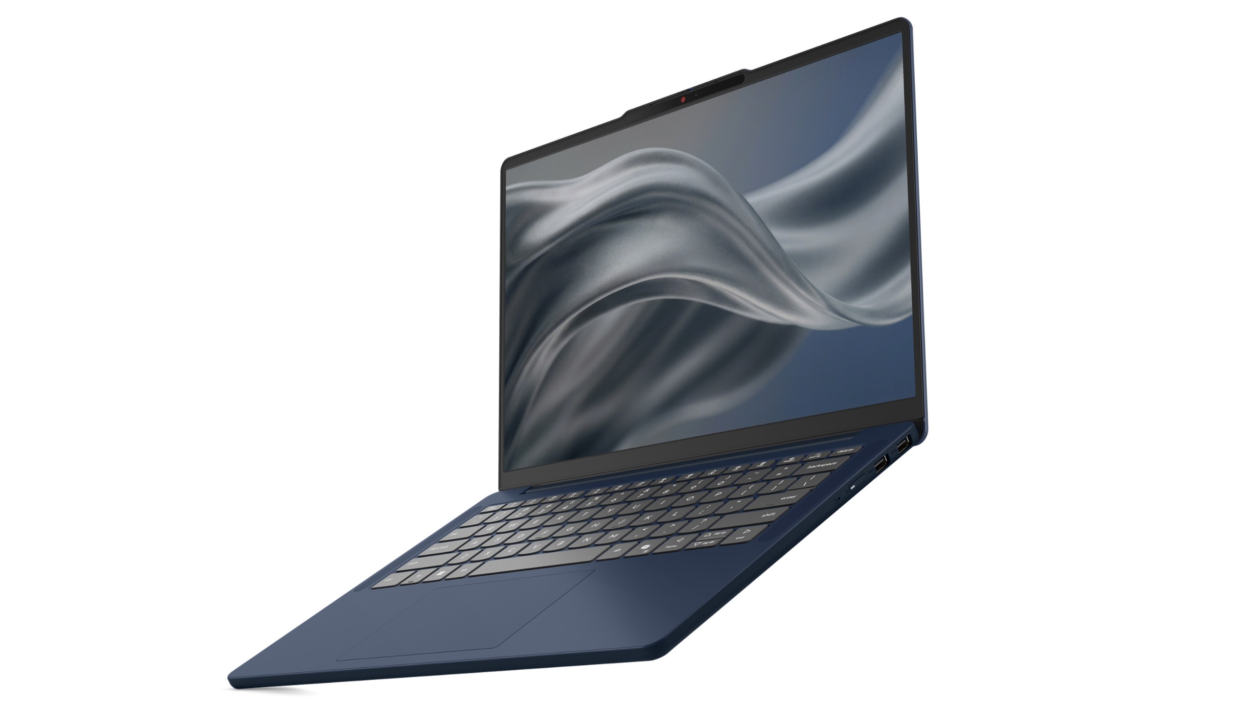 Angled front view of an open dark blue Lenovo IdeaPad Vibe laptop featuring a thin screen bezel and grey abstract wallpaper.