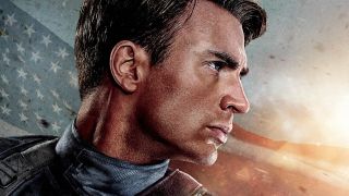 Chris Evans shown in profile with a stoic expression on the poster for Captain America: The First Avenger.