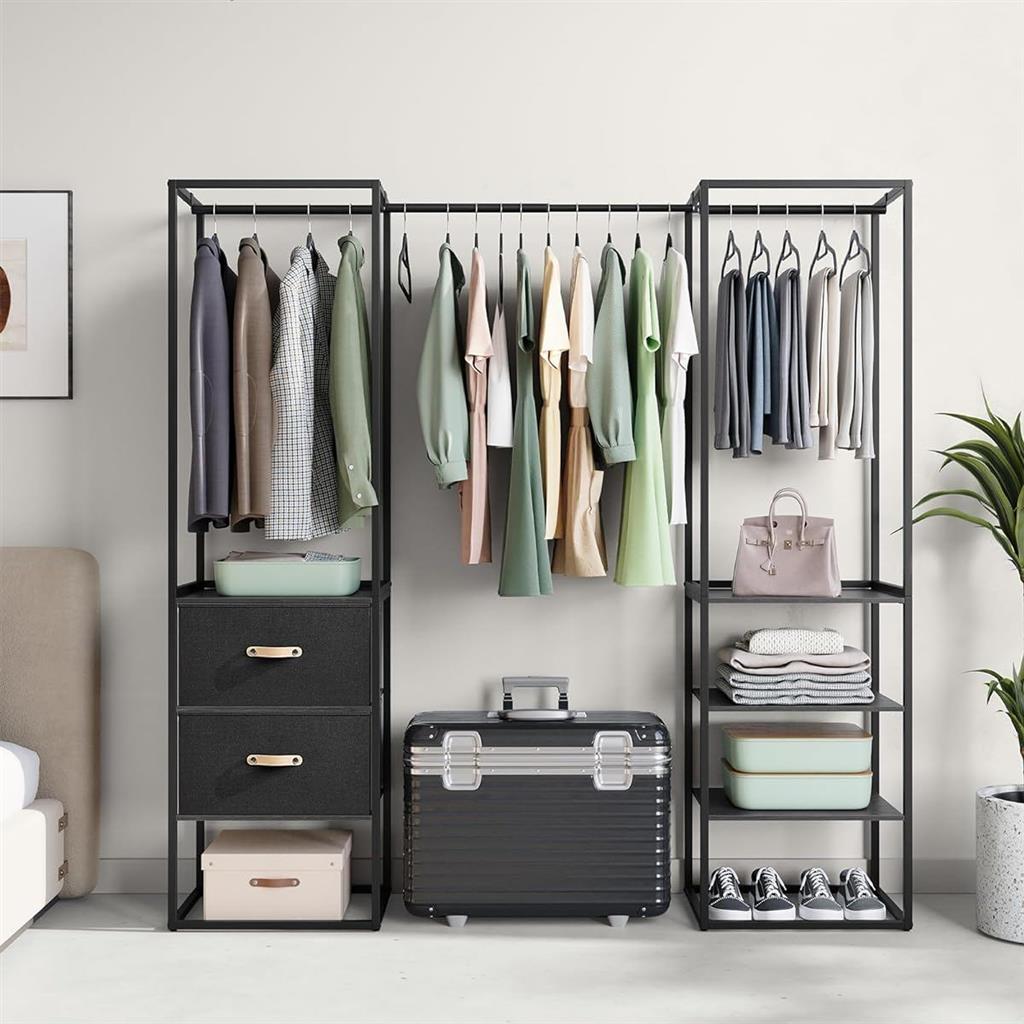 An open closet with various clothes and accessories