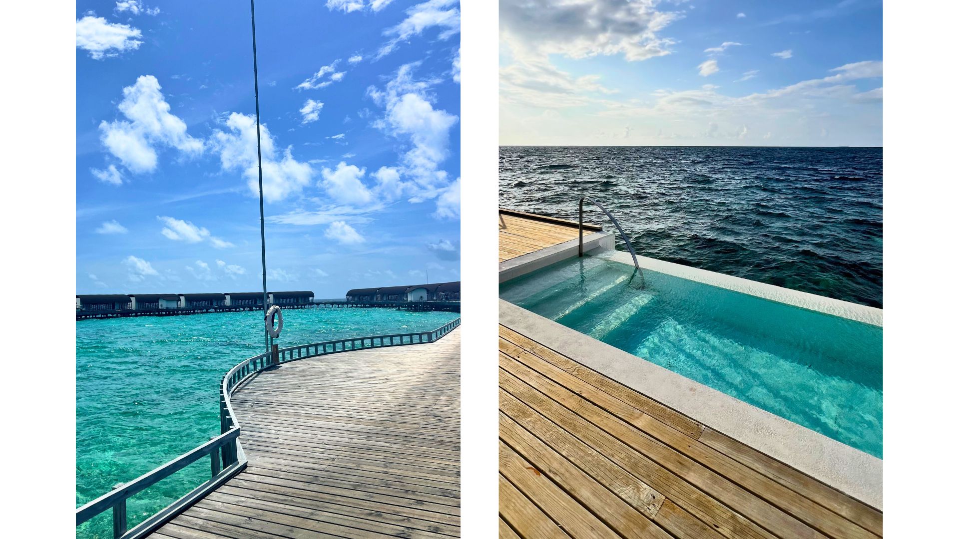 overwater villas and view from their pool at the The Westin Maldives Miriandhoo