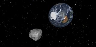 This NASA diagram depicts the passage of asteroid 2012 DA14 through the Earth-moon system on Feb. 15, 2013.