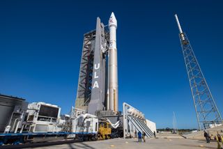 The United Launch Alliance Atlas V rocket carrying the Solar Orbiter, a joint mission by the European Space Agency and NASA, stands atop Space Launch Complex-41 at Cape Canaveral Air Force Station, Florida ahead of a planned Feb. 9, 2020 launch.