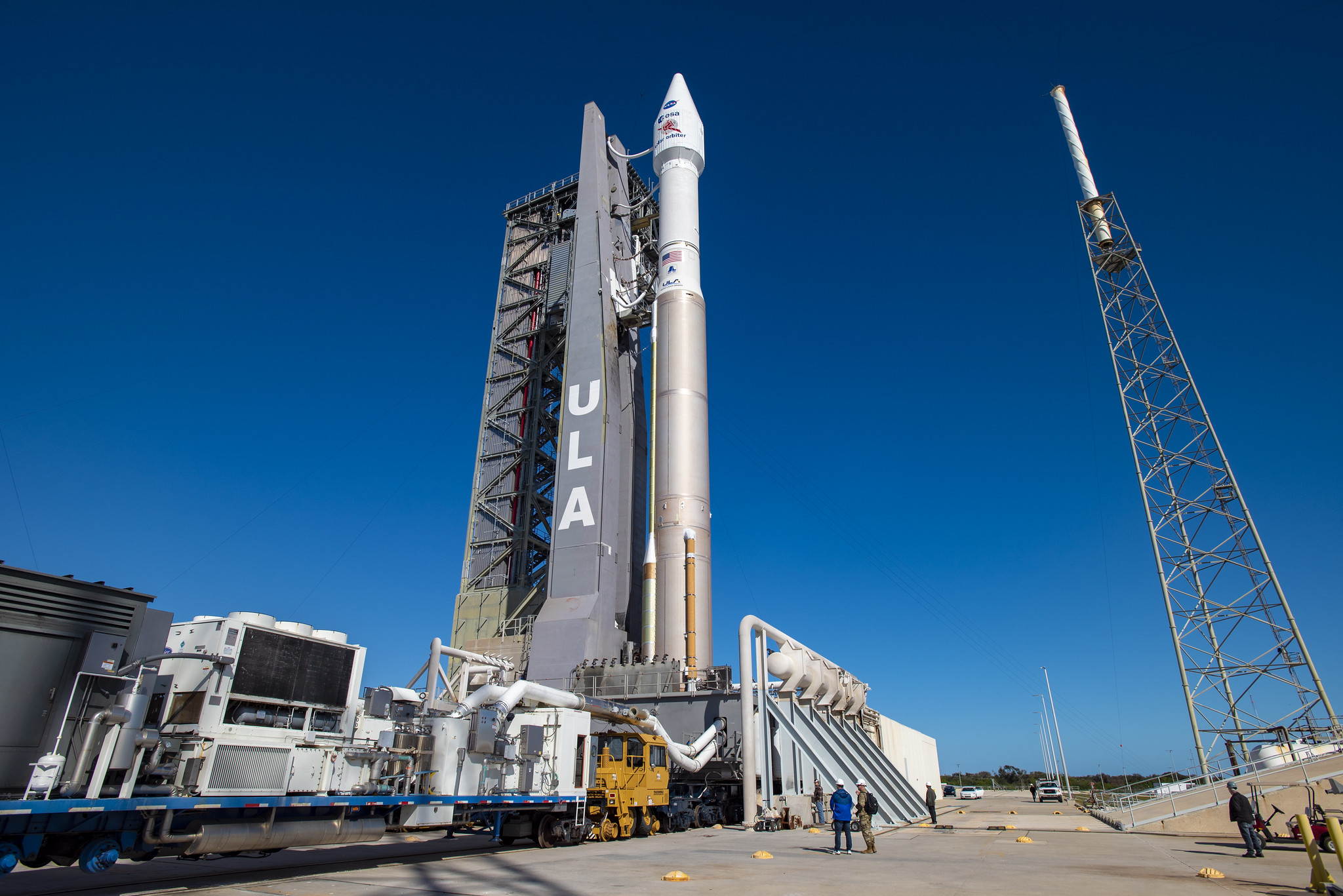 The United Launch Alliance Atlas V rocket carrying the Solar Orbiter, a joint mission by the European Space Agency and NASA, stands atop Space Launch Complex-41 at Cape Canaveral Air Force Station, Florida ahead of a planned Feb. 9, 2020 launch.