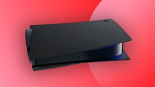 PS5 console with black faceplates on a red background