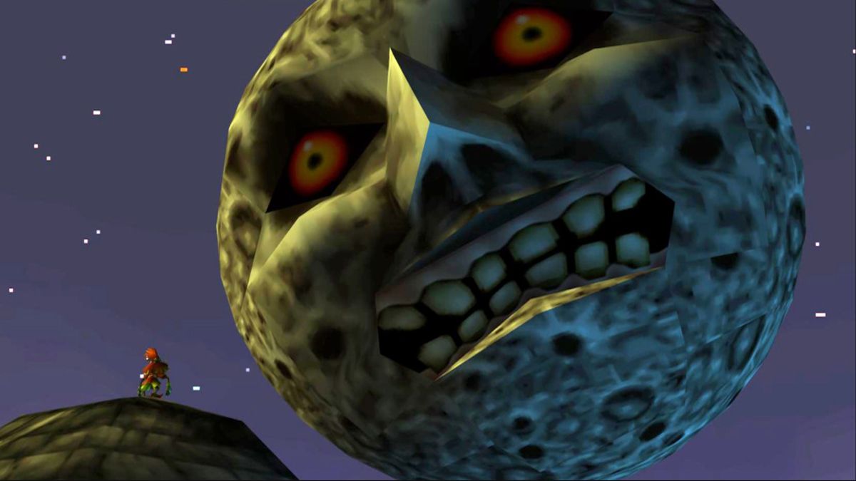 Majora&#039;s Mask moon looking down at skullkid from night sky