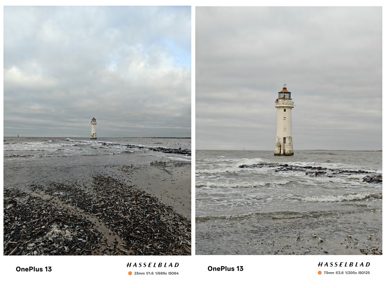 Two images of a lighthouse out at sea on a cloudy stormy day at different zoom levels