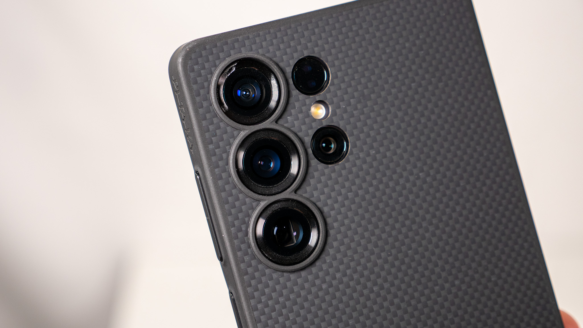 The black and gray Pitaka PinButton case for the Samsung Galaxy S25 Ultra