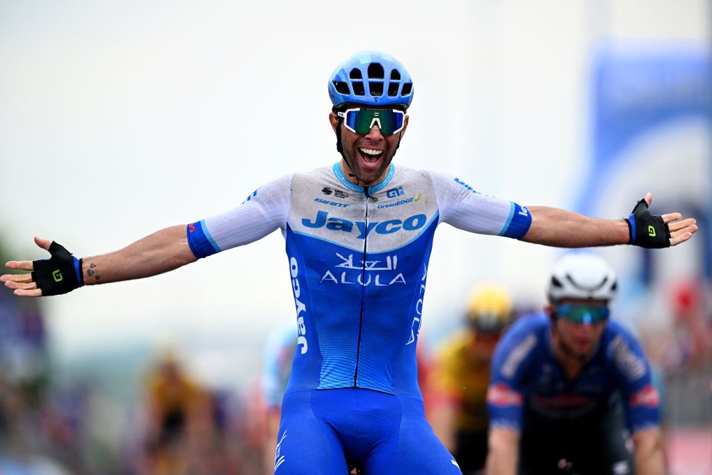 MELFI ITALY MAY 08 Michael Matthews of Australia and Team Jayco AlUla celebrates at finish line as stage winner during the 106th Giro dItalia 2023 Stage 3 a 213km stage from Vasto to Melfi 532m UCIWT on May 08 2023 in Melfi Italy Photo by Stuart FranklinGetty Images