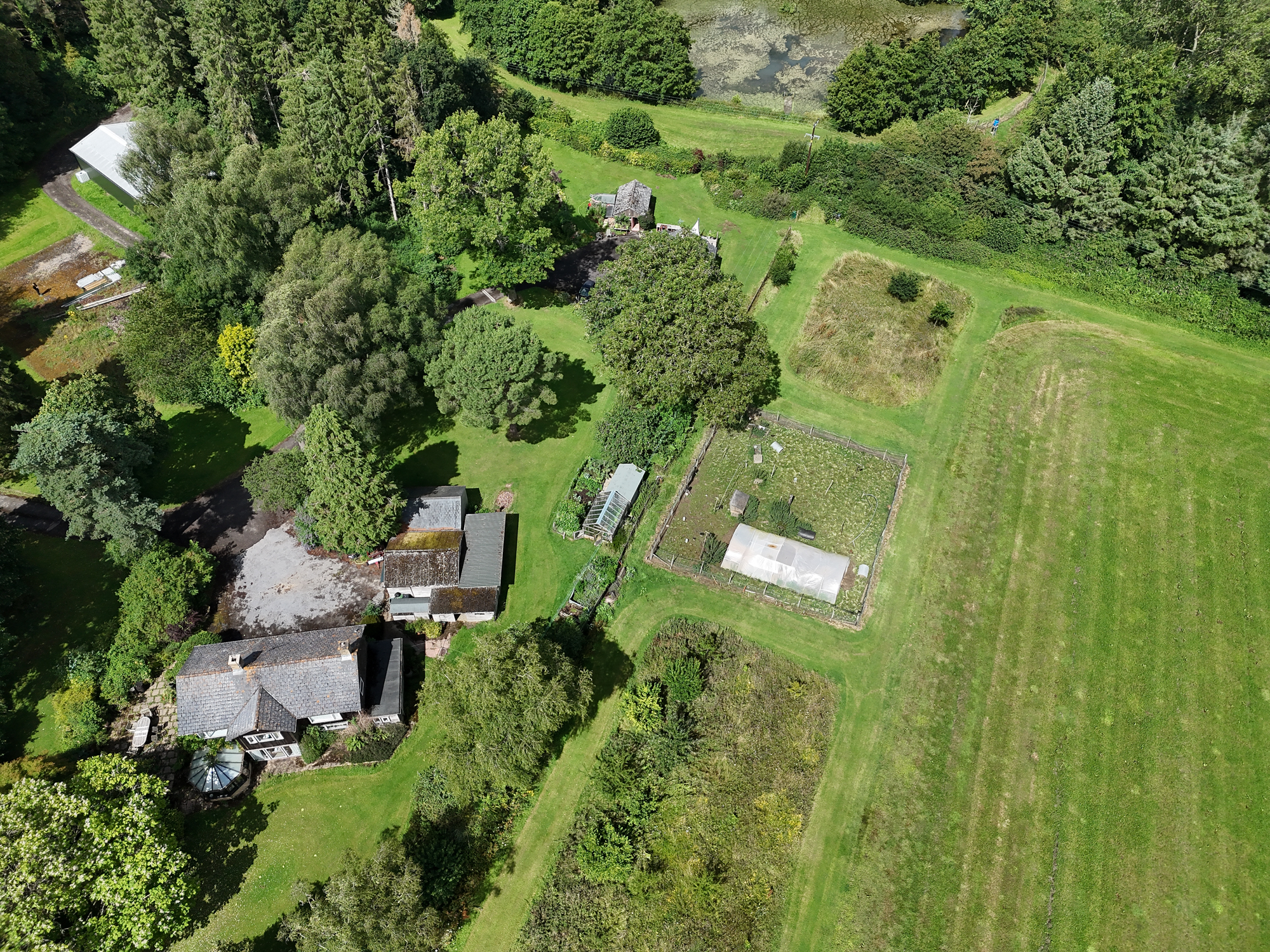 DJI Air 3 photo of a large garden and allotment  on a sunny day with the 24mm wide camera