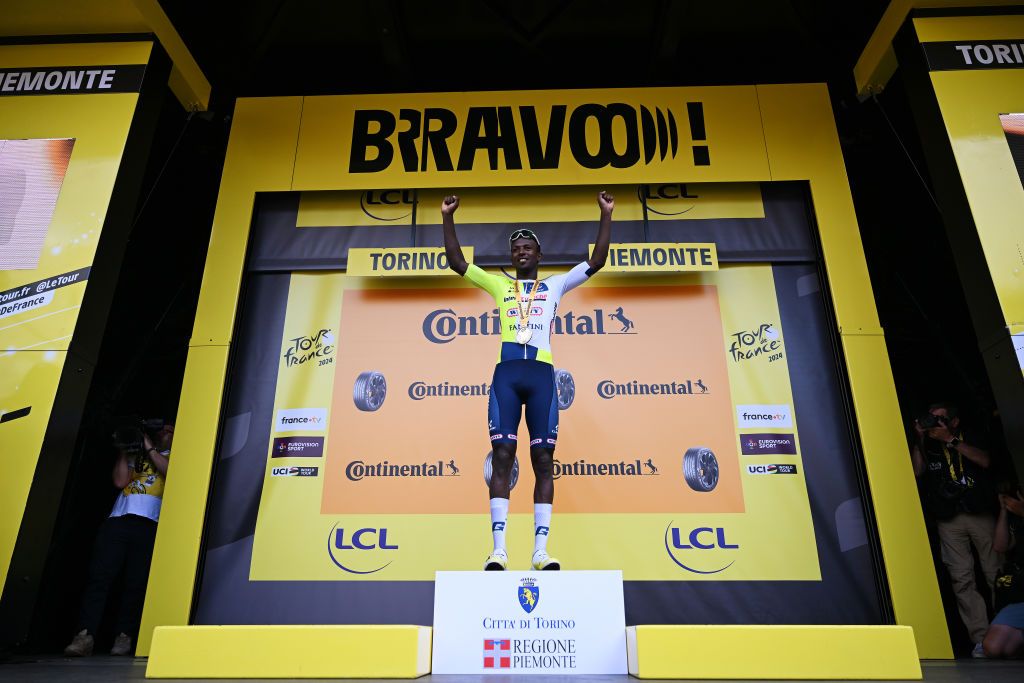 TORINO ITALY JULY 01 Biniam Girmay of Eritrea and Team Intermarche Wanty celebrates at podium as stage winner during the 111th Tour de France 2024 Stage 3 a 2308km stage from Piacenza to Torino UCIWT on July 01 2024 in Torino Italy Photo by Dario BelingheriGetty Images