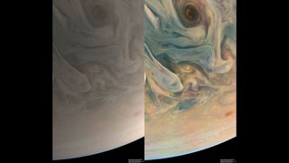 A new image captured by NASA's Jupiter explorer Juno reveals colorful details in the planet's atmosphere.