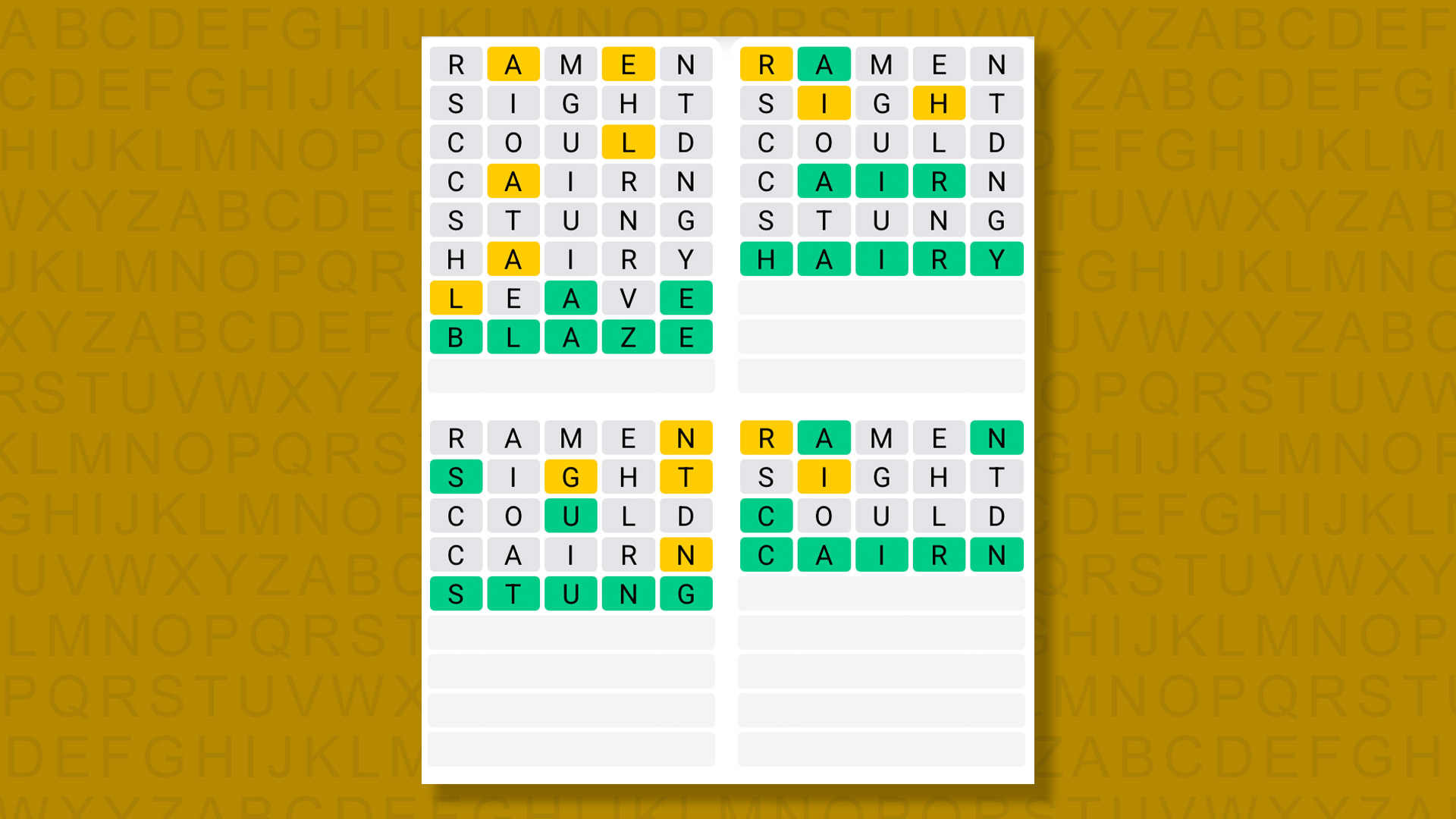 Quordle answers for game 1396 on a yellow background