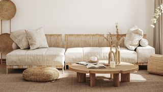 Neutral japandi living room with low level sofa and coffee table