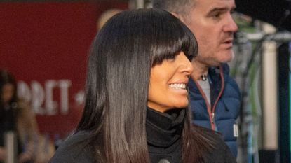 Claudia Winkleman wearing affordable Zara coat while filming 'The Piano' on January 16, 2026 in London
