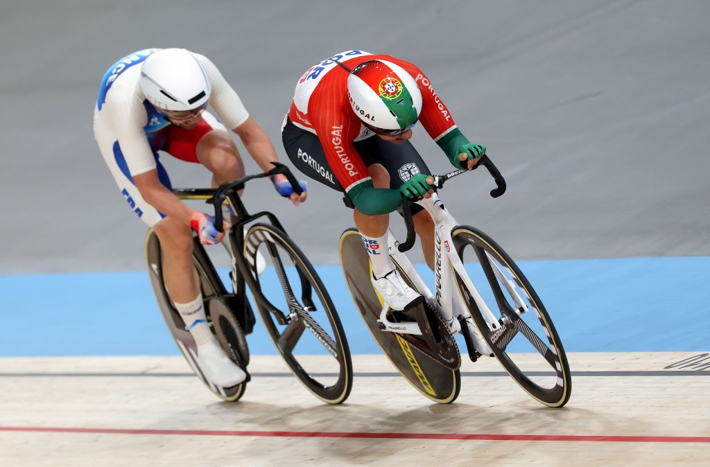 PARIS FRANCE AUGUST 08 LR Benjamin Thomas of Team France and Iuri Leitao of Team Portugal compete during the Mens Omnium Points Race 44 on day thirteen of the Olympic Games Paris 2024 at SaintQuentinenYvelines Velodrome on August 08 2024 in Paris France Photo by Tim de WaeleGetty Images