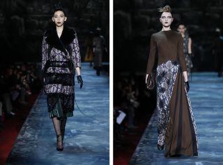 Models on runway wearing black and white sequenced coat, brown and sequence patterned long dress