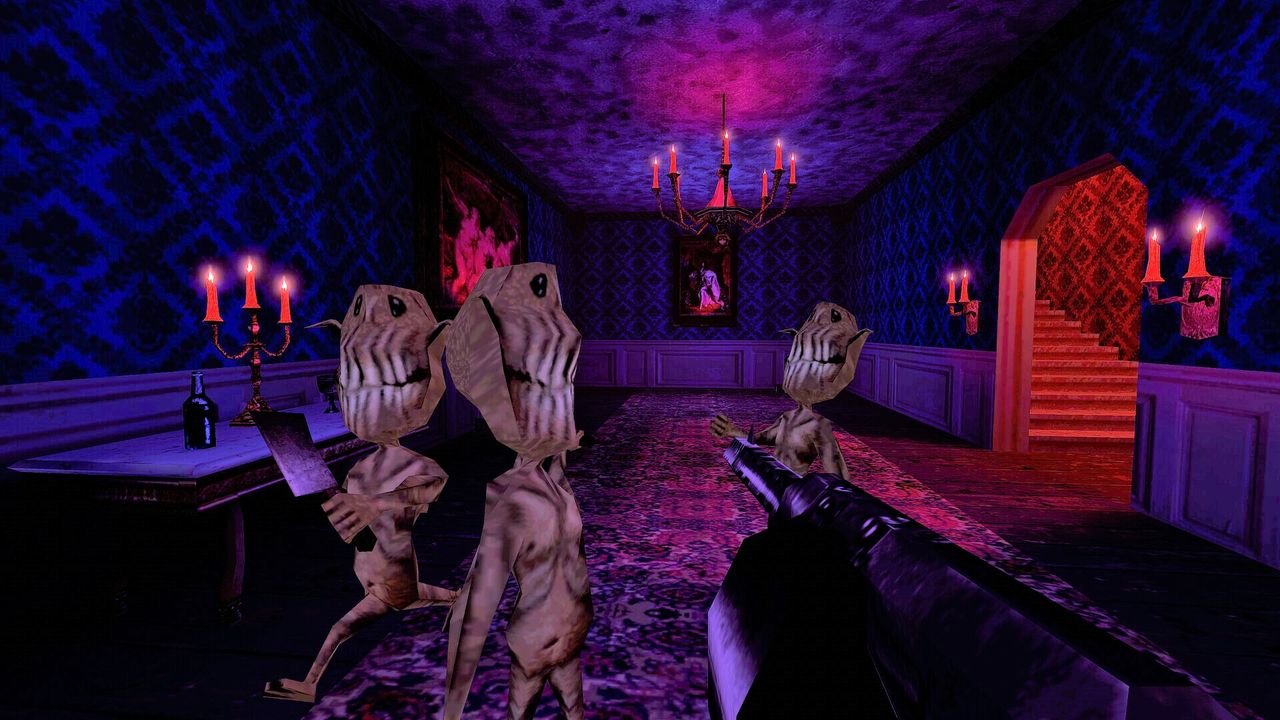 Pointing a machine gun at a gaggle of goblins in an ornate parlor