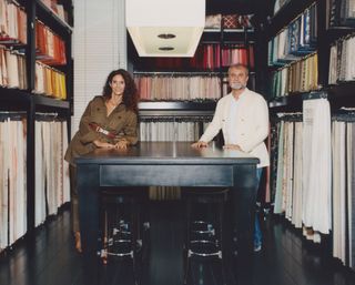 Caterina and Raffaele Fabrizio photographed at the Dedar showroom in Milan surrounded by fabrics