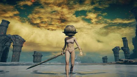 Screenshot of Elden Ring character in jar helmet wielding a twinblade
