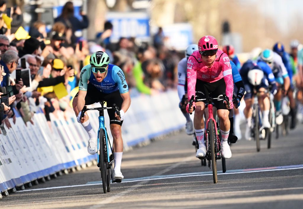ARLES, FRANCE - FEBRUARY 16: (L-R) Sam Bennett of Ireland and Decathlon AG2R La Mondiale Team and Marijn Van Den Berg of the Netherlands and Team EF Education - EasyPost sprint at finish line to win during the 9th Tour de la Provence, Stage 3 a 190.6km stage from Rognac to Arles on February 16, 2025 in Arles, France. (Photo by Billy Ceusters/Getty Images)