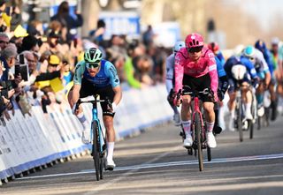 Sam Bennett of Decathlon AG2R La Mondiale (left) takes the sprint victory on stage 3 at Tour de la Provence