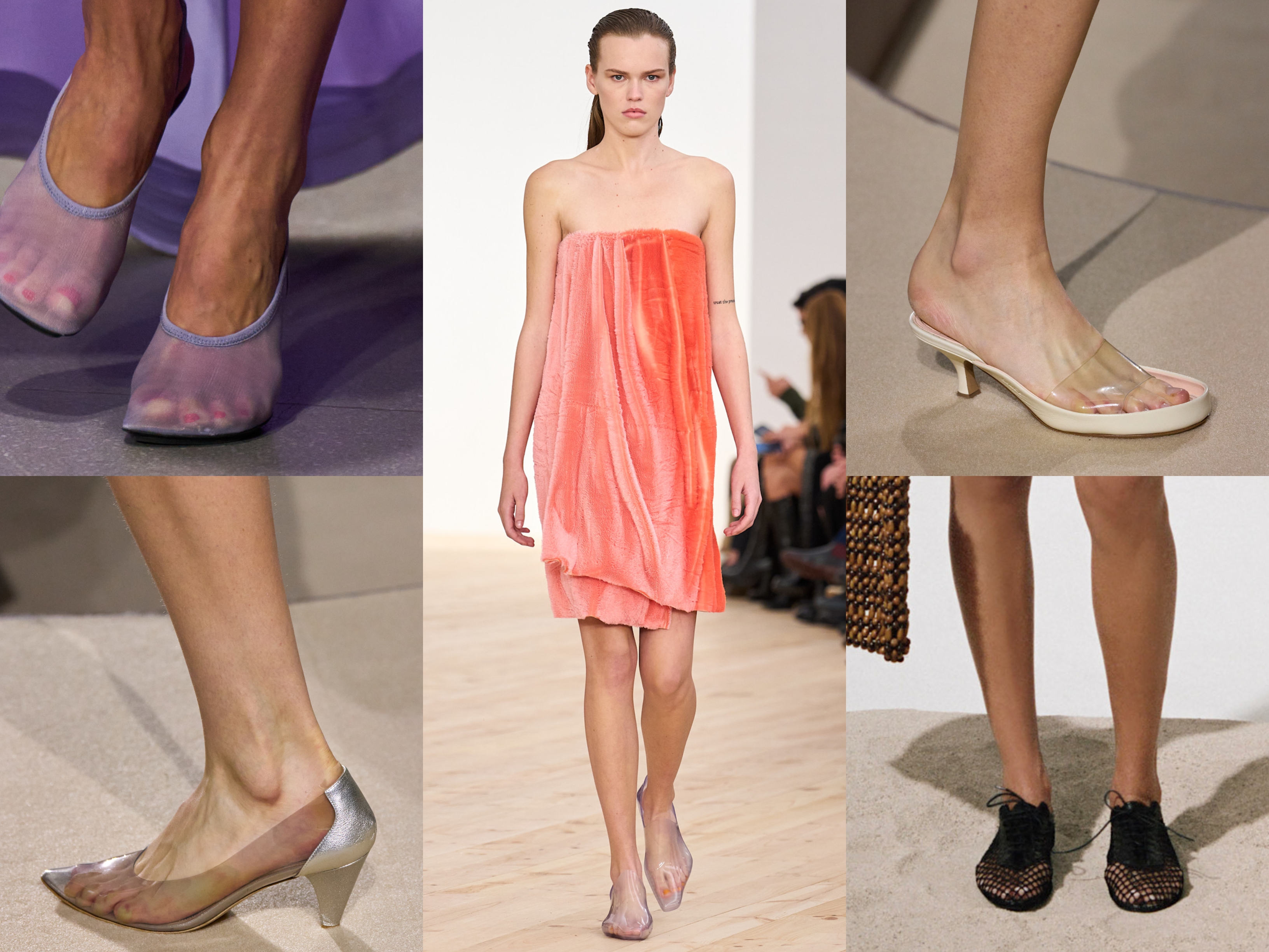 collage of see-through shoes on the runways of chloe, staud, stella mccartney and loewe