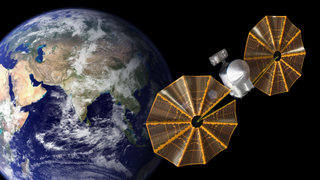 earth from space on the left with spacecraft rendering on the right