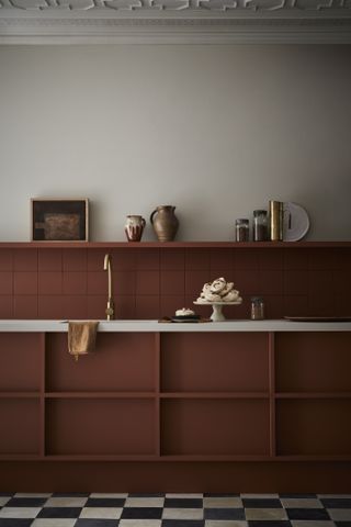 brown kitchen with check floor