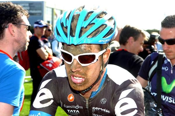 Tyler Farrar (Garmin-Cervelo) with a thick muck mask after a dry and dusty Paris-Roubaix.