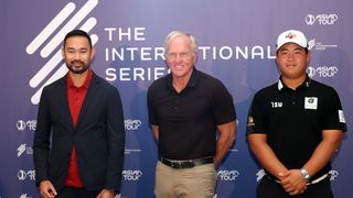 Cho Minn Thant, Greg Norman and Joohyung Kim pose of a photo at the launch of the International Series