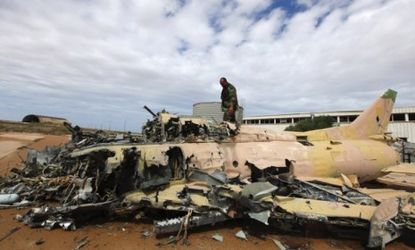 A Moammar Gadhafi military aircraft reportedly destroyed by NATO air strikes