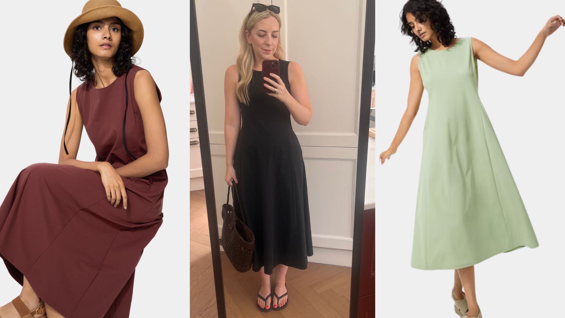 Three women wearing the Uniqlo Airism dress 