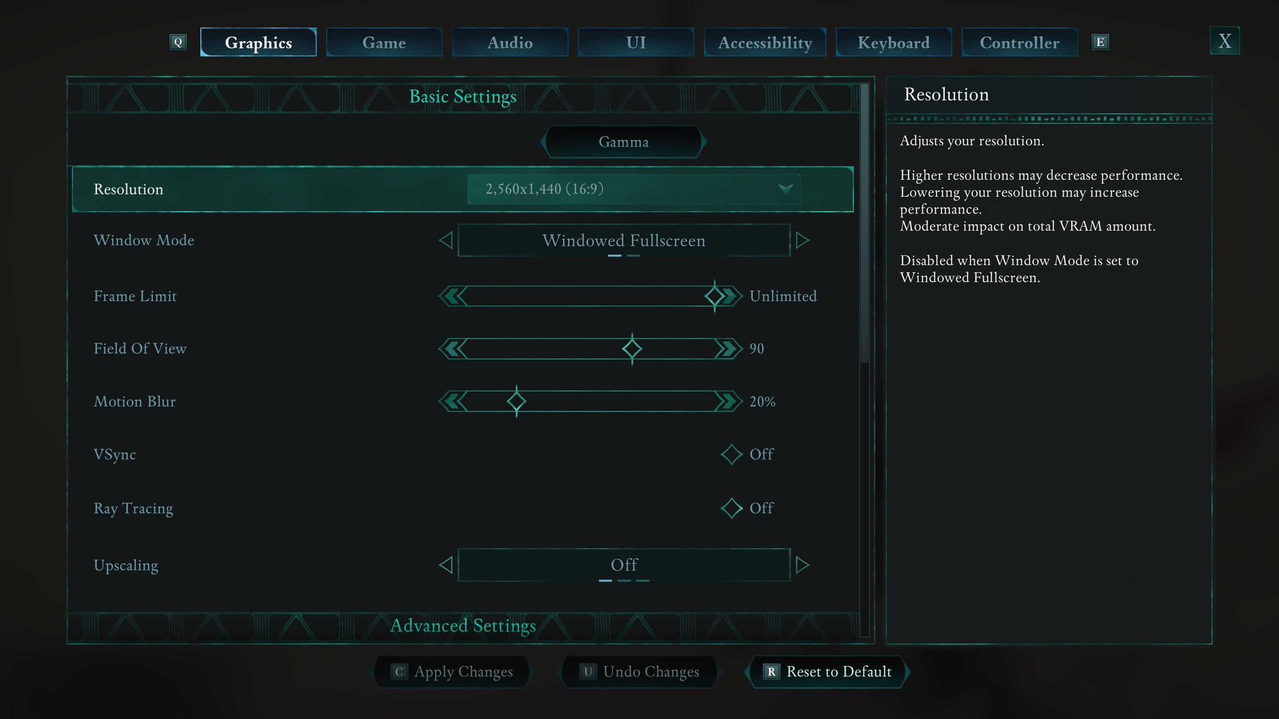 A screenshot of the display options in the PC version of Avowed