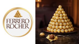 Ferrero Rocher logo and photo of a pyramid of Ferrero Rocher chocolates