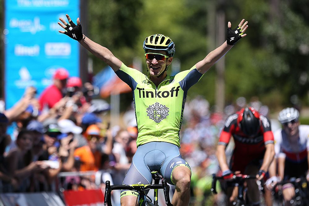 Jay McCarthy celebrates his stage 2 win at the Tour Down Under.