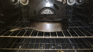 Cast iron skillet baking in oven