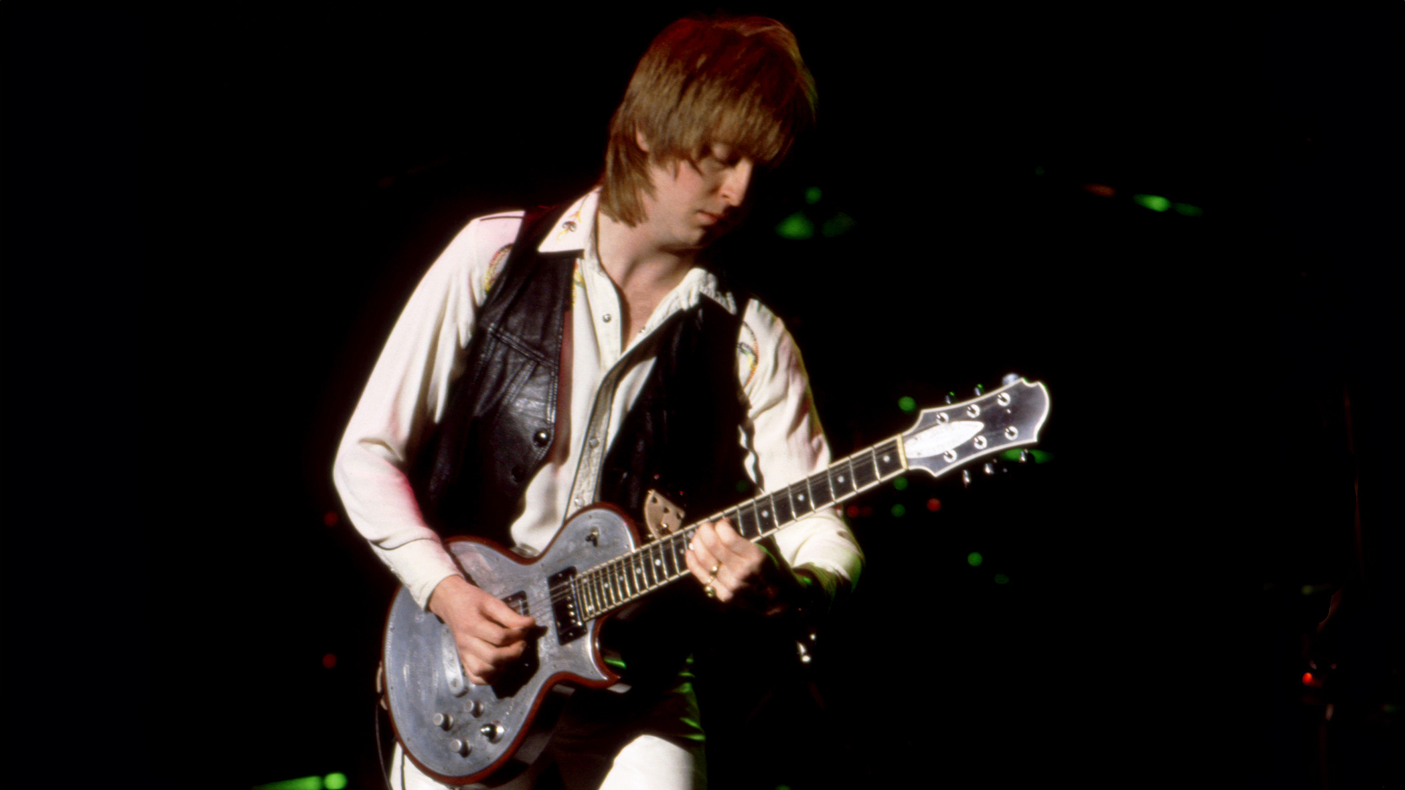 James Honeyman-Scott (1956-1982), of the English-American rock band The Pretenders, plays on stage during The Pretenders II Tour on January 14, 1982 at The Ritz in New York, New York.