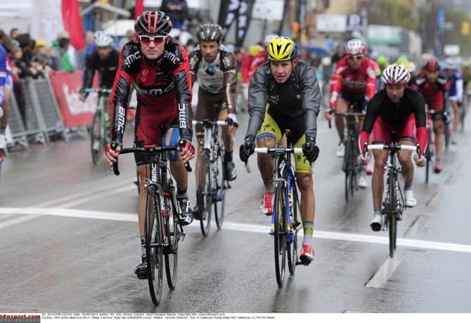 Volta Ciclista a Catalunya overall contender Tejay van Garderen (BMC) crosses the finish line of stage 2 in Girona