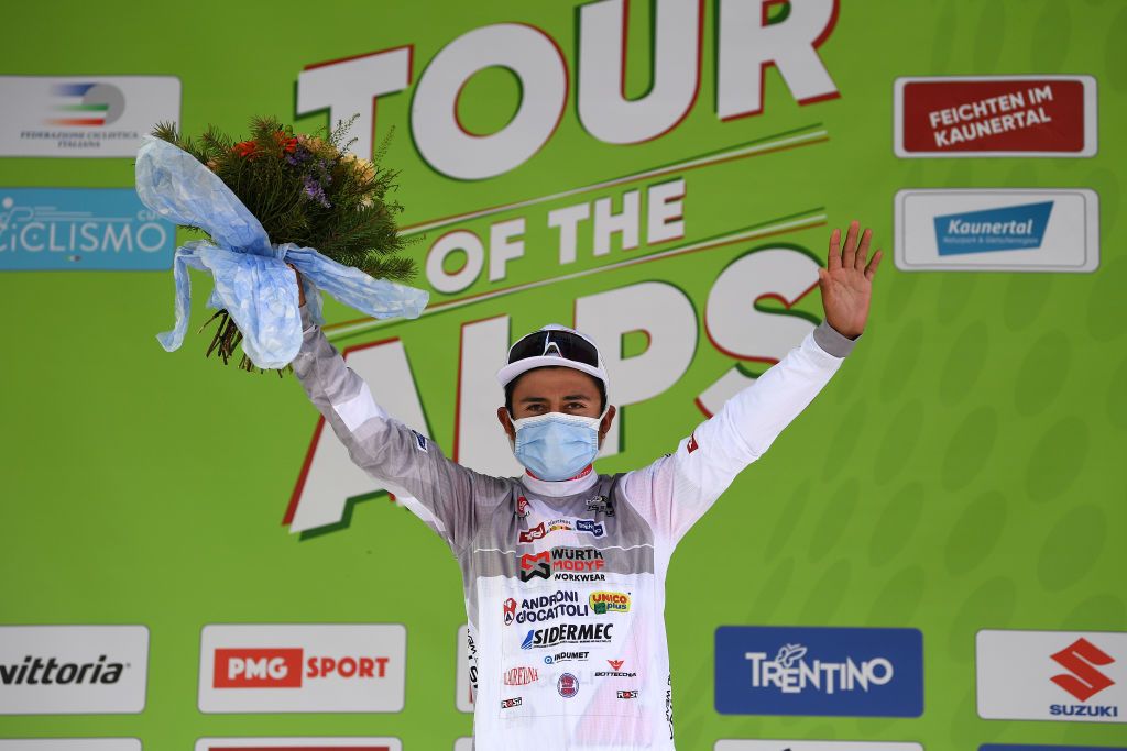 FEICHTEN IM KAUNERTAL AUSTRIA APRIL 20 Jefferson Alexander Cepeda Ortiz of Ecuador and Team Androni Giocattoli Sidermec White Best Young Rider Jersey celebrates at podium during the 44th Tour of the Alps 2021 Stage 2 a 1215km stage from Innsbruck to Feichten im Kaunertal 1291m Mask Covid Safety Measures TourofTheAlps TouroftheAlps on April 20 2021 in Feichten im Kaunertal Austria Photo by Tim de WaeleGetty Images