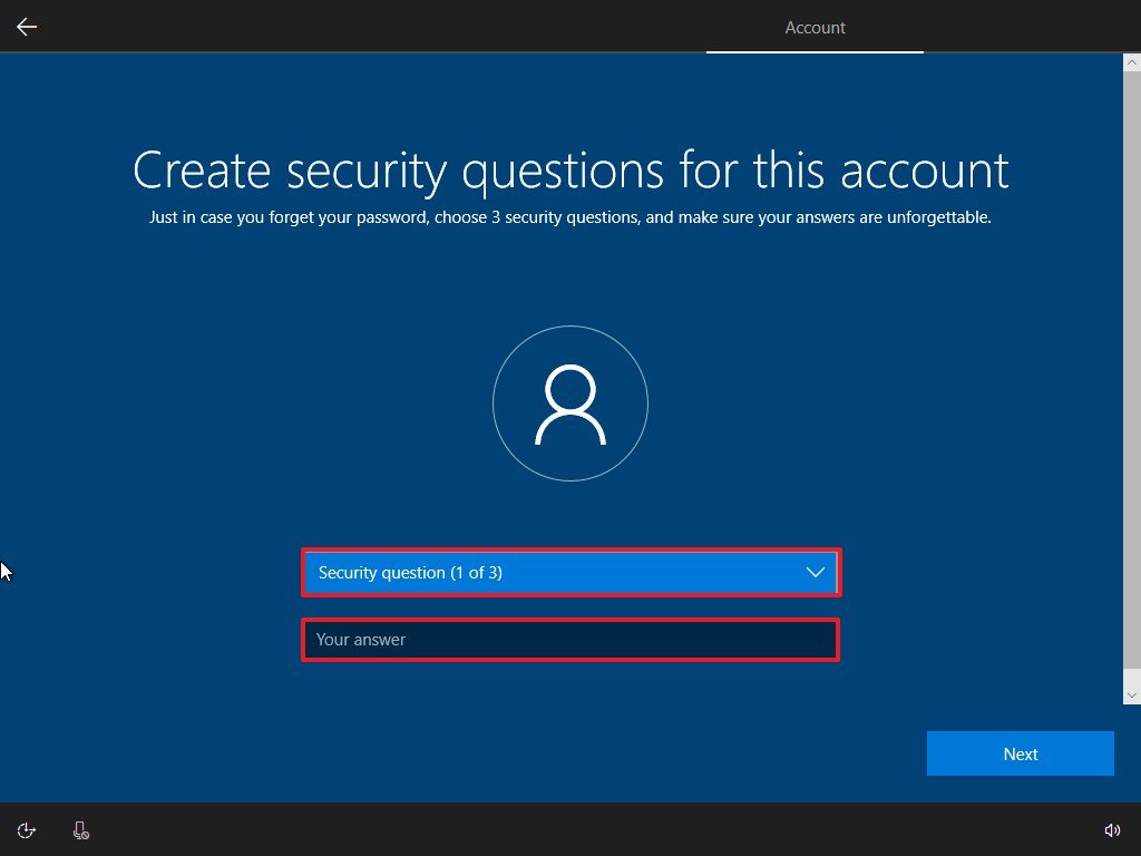 Local account security question during Windows 10 Home setup