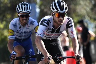 Marc Hirschi leads Julian Alaphilippe during their attack on stage 2